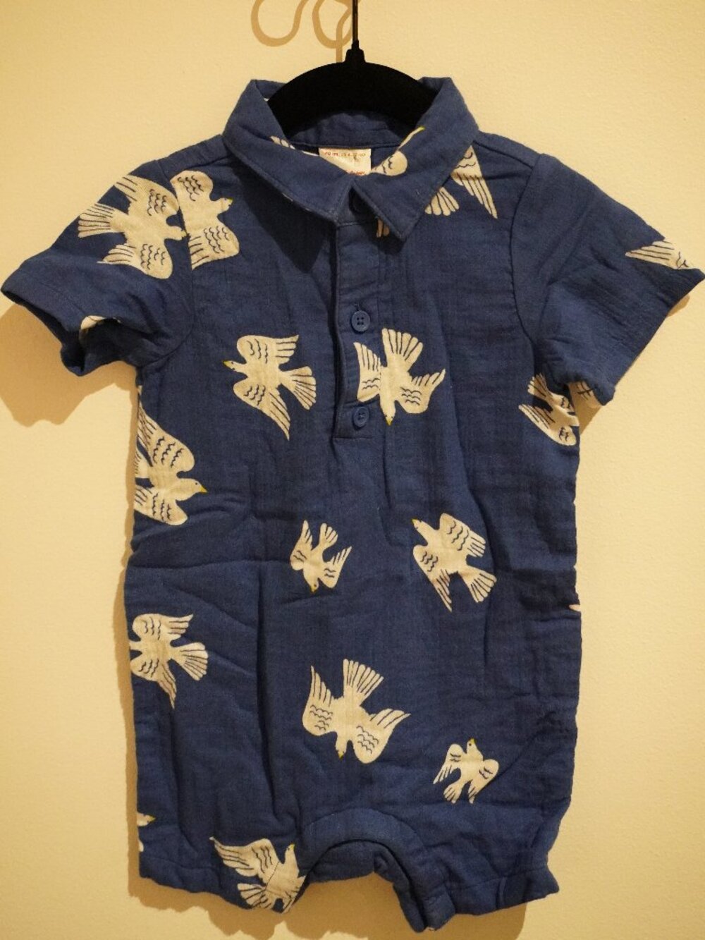 Hanna Andersson Muslin Romper Button Up 6-12M Birds Blue